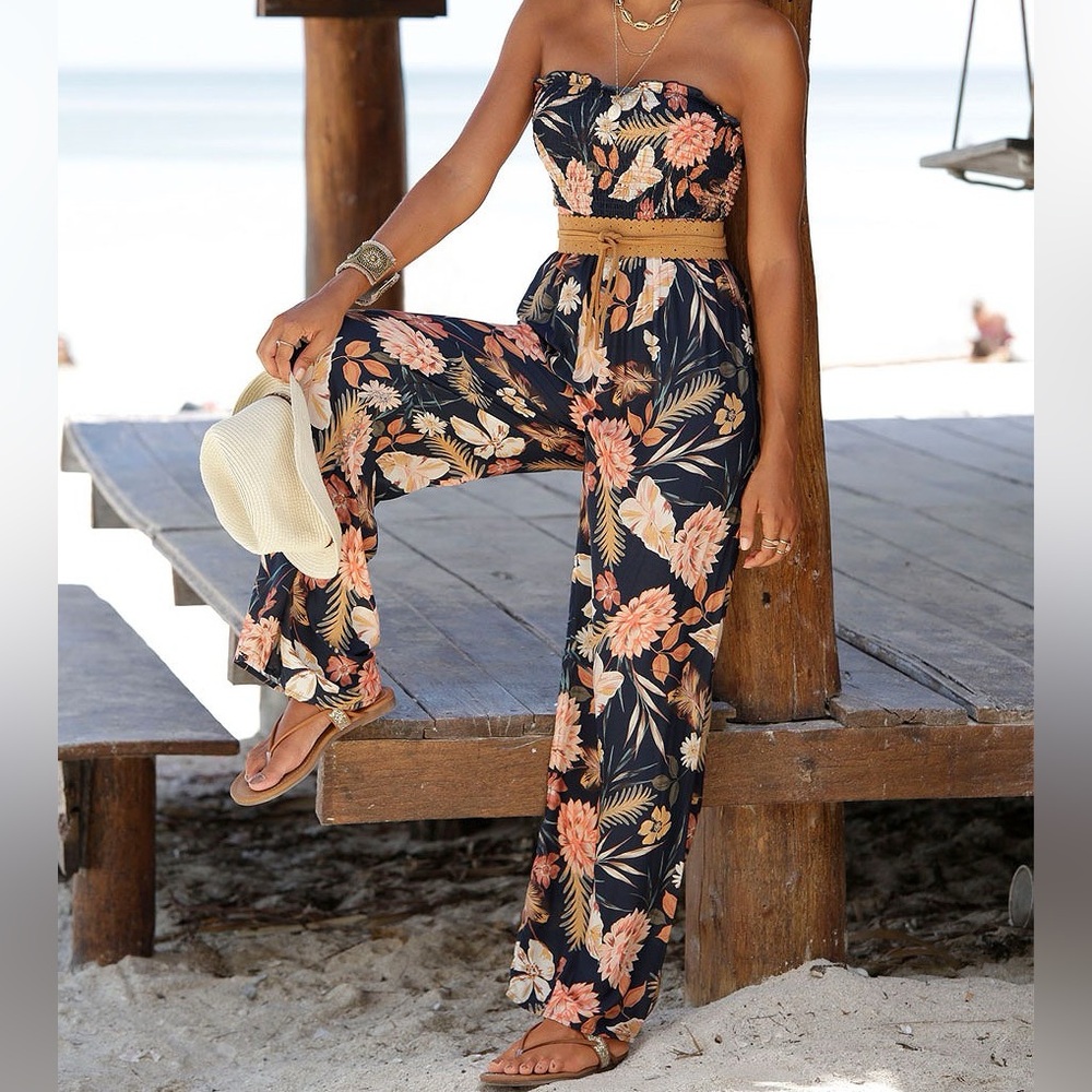 VENUS Black and Orange Floral Jumpsuit